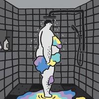 handritad vektorillustration av mannen som tar en dusch i badrummet. rengöring av färg från huden. vektor