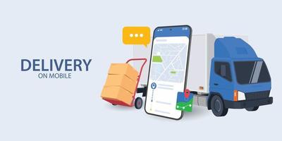 leveransdatum tjänst kurir och lastbil frakt med en mobiltelefon på blå bakgrund vektor