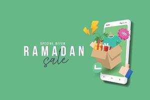 ramadan rea banner mall med kartong present online shopping på mobila applikationer vektor
