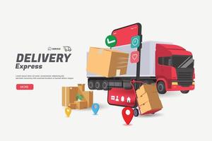 online leveransservicekoncept, online orderspårning, leverans hem och kontor. stadslogistik. lager, lastbil, gaffeltruck, kurir, bud, på mobil. vektor illustration