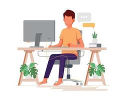 arbeta hemma, koncept illustration. frilansande man som arbetar på datorn i hennes hus. vektor isolerad på vit bakgrund. onlinestudie, utbildning.