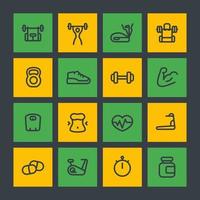 fitness och gym träning linje ikoner set, träning, träning, tränare, bodybuilding, sport kost vektor