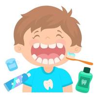 tandrengöringsset med pojke med öppen mun och rena tänder vektor