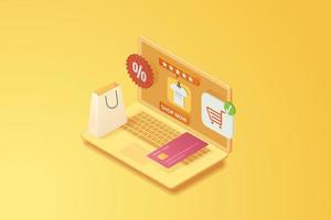 online-shopping-rabatt, papiertüten, kreditkarte vor dem laptop vektor