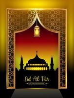 eid mubarak islamisches design moscheentür und goldene laterne auf glänzendem hintergrund vektor