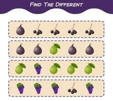 hitta skillnaderna mellan tecknade frukter. letande spel. pedagogiskt spel för barn och småbarn i förskoleåldern vektor