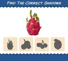 Finden Sie die richtigen Schatten von Cartoon-Drachenfrüchten. Such- und Zuordnungsspiel. Lernspiel für Kinder und Kleinkinder im Vorschulalter vektor