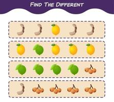 Finden Sie die Unterschiede zwischen Cartoon-Früchten. Suchspiel. Lernspiel für Kinder und Kleinkinder im Vorschulalter vektor