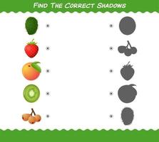 Finden Sie die richtigen Schatten von Cartoon-Früchten. Such- und Zuordnungsspiel. Lernspiel für Kinder und Kleinkinder im Vorschulalter vektor