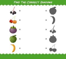 Finden Sie die richtigen Schatten von Cartoon-Früchten. Such- und Zuordnungsspiel. Lernspiel für Kinder und Kleinkinder im Vorschulalter vektor