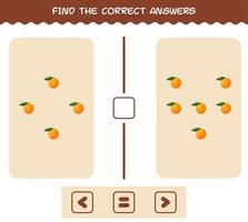 Finden Sie die richtigen Antworten von Cartoon Orange. Such- und Zählspiel. Lernspiel für Kinder und Kleinkinder im Vorschulalter vektor