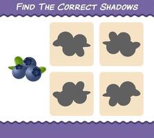 Finden Sie die richtigen Schatten von Cartoon-Heidelbeeren. Such- und Zuordnungsspiel. Lernspiel für Kinder und Kleinkinder im Vorschulalter vektor