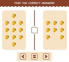 Finden Sie die richtigen Antworten von Cartoon Mango. Such- und Zählspiel. Lernspiel für Kinder und Kleinkinder im Vorschulalter vektor