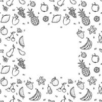 Nahtloses Fruchtmuster mit Platz für Text. Gekritzelvektor mit Fruchtikonen auf weißem Hintergrund. vintage fruchtillustration, süßer elementehintergrund für ihr projekt, menü, caféshop vektor