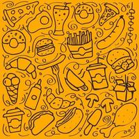 orangefarbenes Muster mit Fast-Food-Symbolen. Gekritzellebensmittelhintergrund vektor