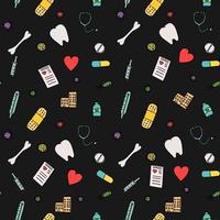 färgade sömlösa medicin mönster. doodle vektor med medicin ikoner på mörk bakgrund. vintage medicin ikoner