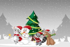 Weihnachtsferien mit Schneemann und Baum vektor