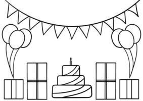 handritad födelsedagstårta, presentförpackning och ballonger vektor