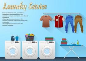 wäscheservice-design mit waschmaschine, bügelbrett und trocknungskleidung vektor