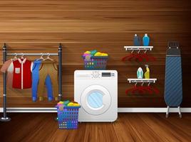 waschküche mit waschmaschine, bügelbrett und trocknungskleidung vektor