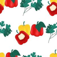 bulgarische gelbe und rote paprikaschoten nahtloses muster. Gemüsedruck, Vektorillustration im flachen Stil. vektor