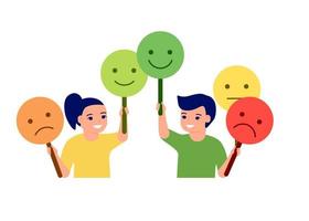 kinder halten gesichtsmasken, die gefühle ausdrücken und die stimmung ändern. emotionaler intellekt, bildung, gefühlskontrolle lernen, rolle spielen. Emoticon für Jungen und Mädchen auf dem Teller. Vektor-Illustration vektor