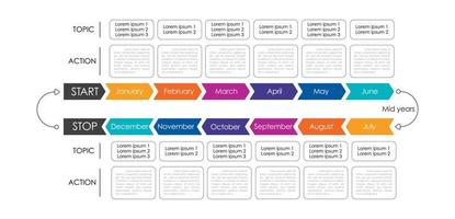 infografik geschäftsjahresplan vorlage und aufschlüsselungsdetails pro monat, monatsplan mit thema und details vektor