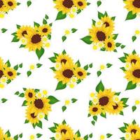 Nahtloses Muster mit gelben Sonnenblumen, weißen Gänseblümchen und grünen Blättern im Hintergrund. druck mit naturelement, kamille, pflanze für dekoration und design. flache vektorillustration vektor