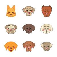 hunde süße kawaii vektorfiguren. Tiere mit traurigen Schnauzen. schielender Golden Retriever, Deutsche Dogge. Wütender Berner Hund. Malteser küssen. lustiges Emoji, Emoticon-Set. isolierte karikaturfarbillustration vektor