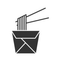 Chinesische Nudeln in Papierbox und Essstäbchen-Glyphen-Symbol. Wok-Nudeln. Silhouettensymbol. negativer Raum. vektor isolierte illustration
