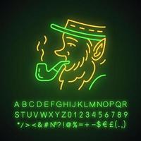leprechaun med pipe neonljus ikon. irländsk mytologi karaktär. Saint Patrick dag. glödande tecken med alfabet, siffror och symboler. vektor isolerade illustration