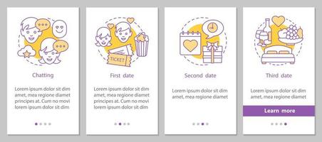 online dating onboarding mobil app sidskärm med linjära koncept. romantiska relationer utvecklingssteg grafiska instruktioner. ux, ui, gui vektormall med illustrationer vektor