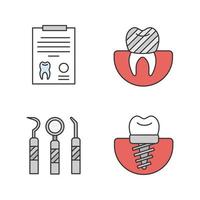 Farbsymbole für die Zahnheilkunde festgelegt. Stomatologie. Diagnosebericht, Zahnimplantat und Krone, zahnärztliche Instrumente. isolierte Vektorgrafiken vektor