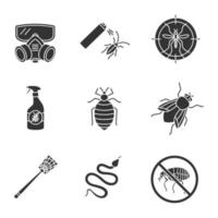 skadedjursbekämpning glyfikoner set. kackerlacksmedel, husfluga, orm, flugsmällare, myggmål, vägglöss, respirator, loppstoppskylt. siluett symboler. vektor isolerade illustration