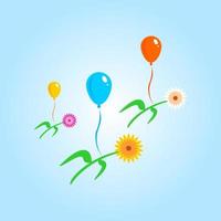 illustration av solrosor som flyger med ballonger. gul, grön, blå, människor, vit och rosa. lämplig för dekoration och barn vektor