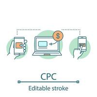 CPC-Konzept-Symbol. Kosten pro Conversion. digitale Geldbörse Idee dünne Linie Illustration. Onlinebezahlung. Geldüberweisung. Vektor isoliert Umrisszeichnung. editierbarer Strich