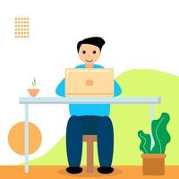 vektorillustration av en man som använder en bärbar dator vid sitt skrivbord. klädd i blått och det finns kaffe på sidan vektor