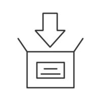 paket förpackning linjär ikon. öppen ruta med nedåtpil. tunn linje illustration. laddar ner. kontur symbol. vektor isolerade konturritning