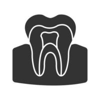 Glyphensymbol für die anatomische Struktur des Zahns. Silhouettensymbol. Zahnwurzel und Krone. Dentin, Schmelz, Pulpa. negativer Raum. vektor isolierte illustration