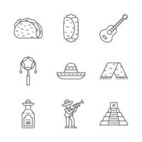 mexikanska linjära ikoner set. cinco de mayo festival. traditionell mat, dryck, musik, kläder, attraktioner. tunn linje kontur symboler. isolerade vektor kontur illustrationer. redigerbar linje