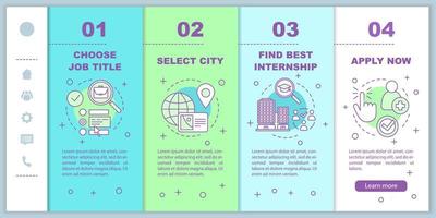 Praktikumsprogramm beim Onboarding mobiler Webseiten Vektorvorlage. studentische Praxis. reaktionsschnelle smartphone-website-schnittstellenidee, lineare illustrationen. Webseiten-Walkthrough-Schrittbildschirme. Farbkonzept vektor