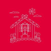 lineare Zeichnung eines Hauses mit weiblicher Figur im traditionellen russischen Stil. eine frau in einem historischen russischen kleid sitzt auf einer bank am fenster. vektor minimalistische illustration