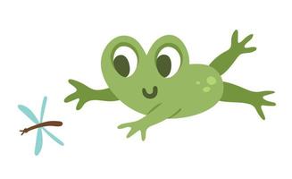 Vektor-Frosch springt für Libelle. lustiges Waldsumpftier. niedliche waldillustration für kinder lokalisiert auf weißem hintergrund. grüne Cartoon-Kröte-Symbol vektor