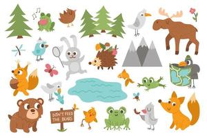Vektor Waldtiere, Insekten und Vögel gesetzt. lustige Waldlagerfeuer-Icons-Sammlung. süße waldillustration für kinder mit bergen, bäumen, elchen, frosch, bär, eichhörnchen, igel und fuchs.