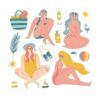 sommarkollektion med flickor i baddräkter på stranden. vektor platt handritad illustration av vilande kvinnor och semesterobjekt med sommarsemester vid havet. samling av skapare.