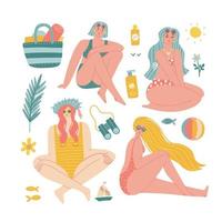 sommerkollektion mit mädchen in badeanzügen am strand. Vektor flache handgezeichnete Illustration von ruhenden Frauen und Urlaubsobjekten mit Sommerferien am Meer. Creator-Szenensammlung.