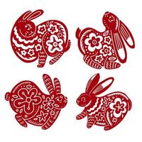 4 rote Hasen - chinesisches Sternzeichen. Hasenset in verschiedenen Variationen. Silhouetten im chinesischen Stil mit floralen Verzierungen im Grafikstil gezeichnet. Vektor-Handdarwn-Illustration. vektor