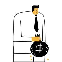 Geschäftsmann hält einen Geldsack mit Dollarzeichen. heimtückischer Charakter. vektorkonzept lineare doodle handgezeichnete illustration. schwarz und gelb auf weiß