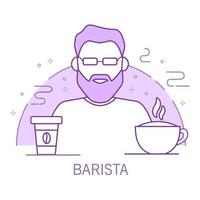 barista kontur seriefigur med en cappuccino och en papperskopp kaffe.varm drink. linjekonst vektor.isolerad på en vit bakgrund. vektor