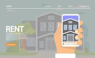 hus att hyra. handen håller smartphone valet av huset i applikationen.fastighetskoncept.lantlig byggnad. vektor